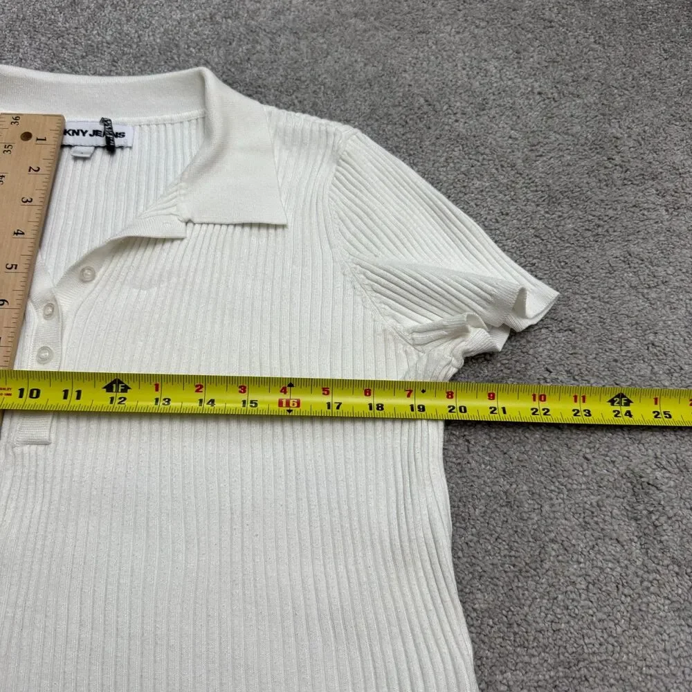 DKNY Jeans Ribbed Knit Polo Shirt Womens Large White Short Sleeve Stretch Top